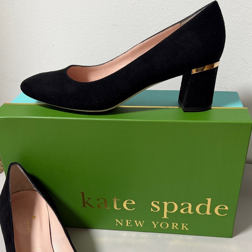 Kate Spade Black Suede Heels with Gold Accent